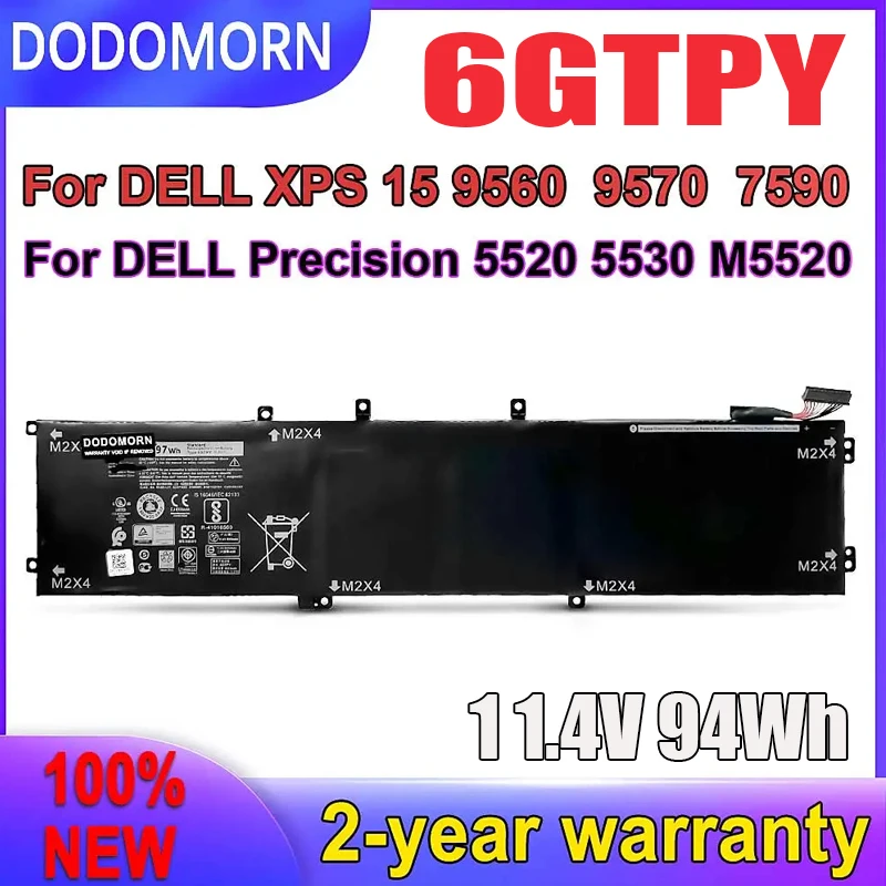 

Новый аккумулятор для ноутбука 6GTPY для DELL XPS 15 9560 9570 7590, аккумулятор DODOMORN 11,4 В 97 Втч для серии DELL Precision 5520 5530 M5520