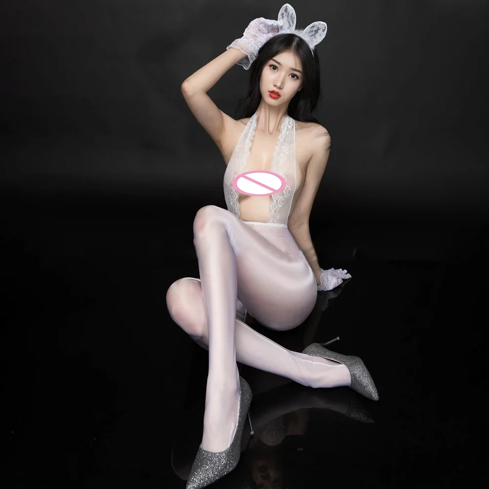 

Woman Sexy Bodysuit Lingerie Open Crotch Tight Bodystocking Glossy Jumpsuit+Rabbit Headband Lace See Through Nightclub Costume