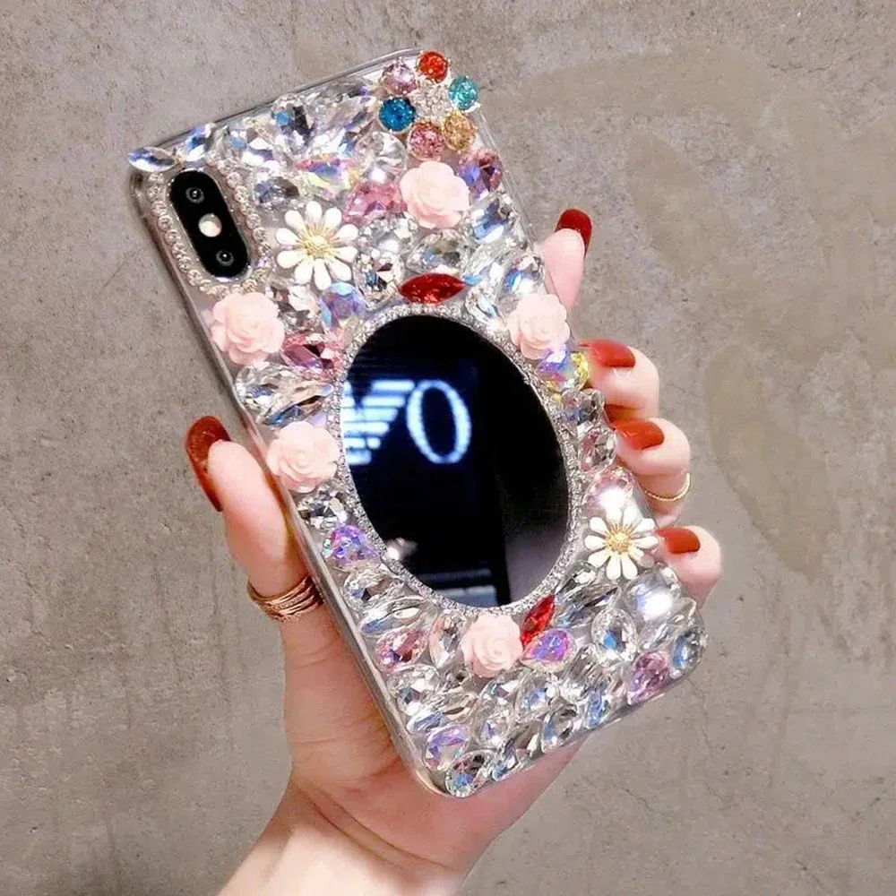 Elegance Flower Diamond Oval Mirror Case for IPhone 15 14 13 12 11 Pro Max Stereoscopic Rhinestone Bumper Cover with Hand Chain