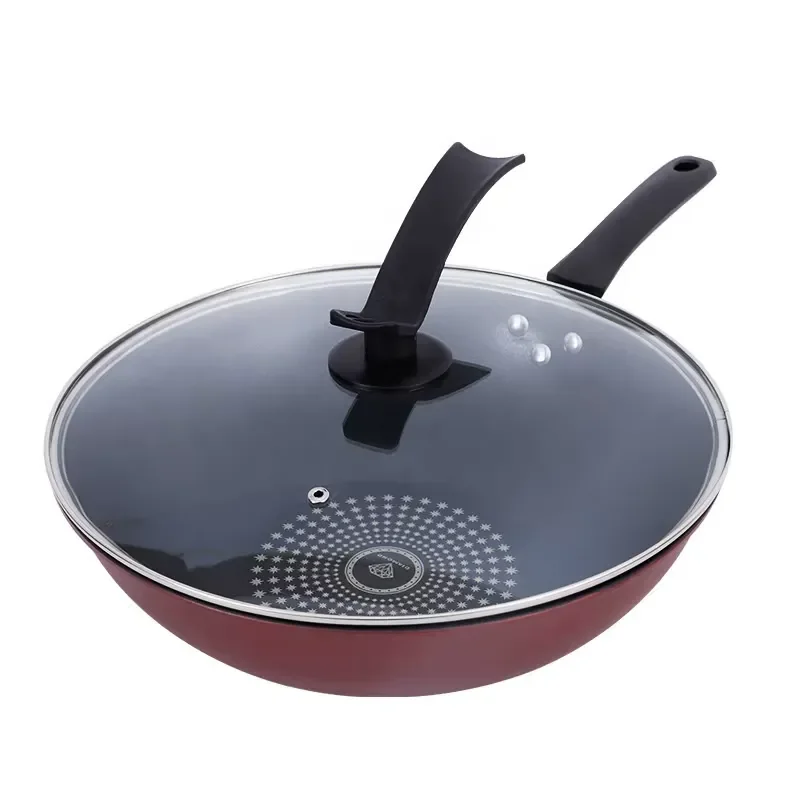 Non Stick Cast Iron Wok with Copper Exterior and Glass Lid 7.5L Eco Friendly Cookware for Gas and Induction Stove Household