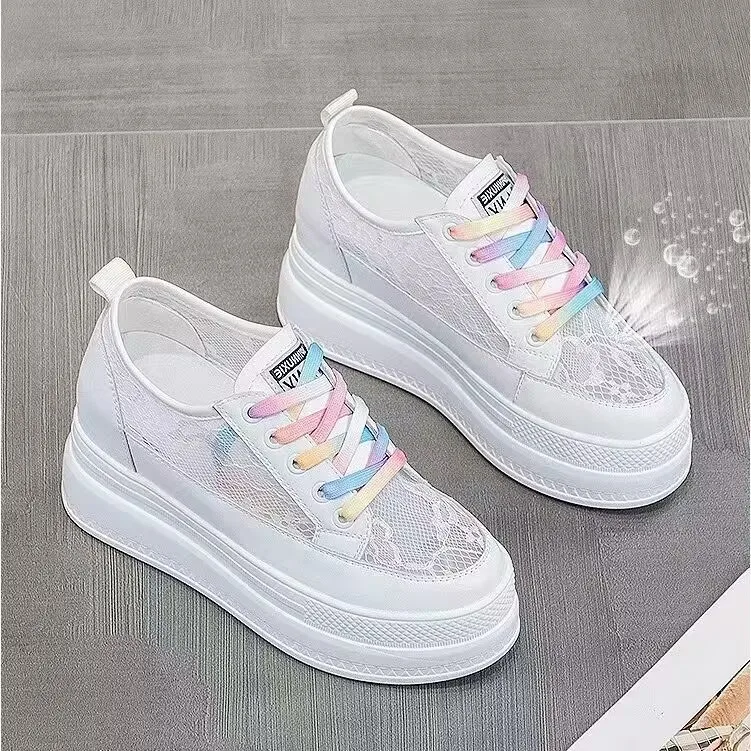 Summer Woman Platform Sneakers Wedge Shoes 2025 Female 8cm Height Increasing Ladies Lace Breathable Casual Shoes Canvas Shoes