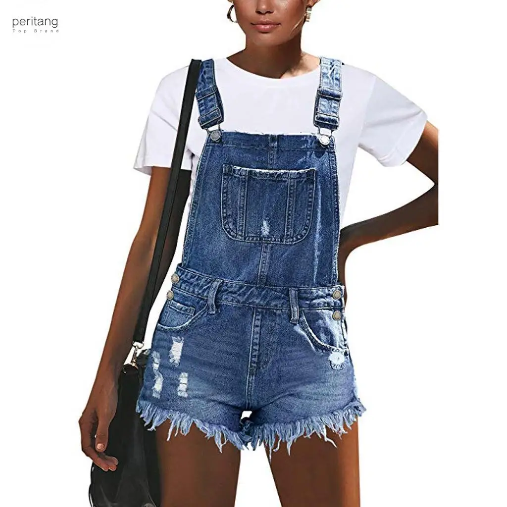 

2024 Fashion Sexy Ripped Hole Denim Overalls Women Summer Jumpsuit Female Denim Rompers Playsuit Salopette Straps Shorts Rompers