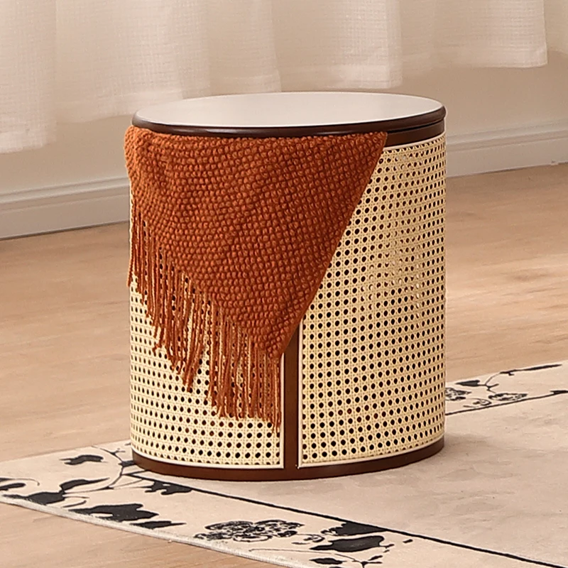 

French retro solid wood rattan storage bucket side few living room sofa side cabinet bedroom household bed side few shelves