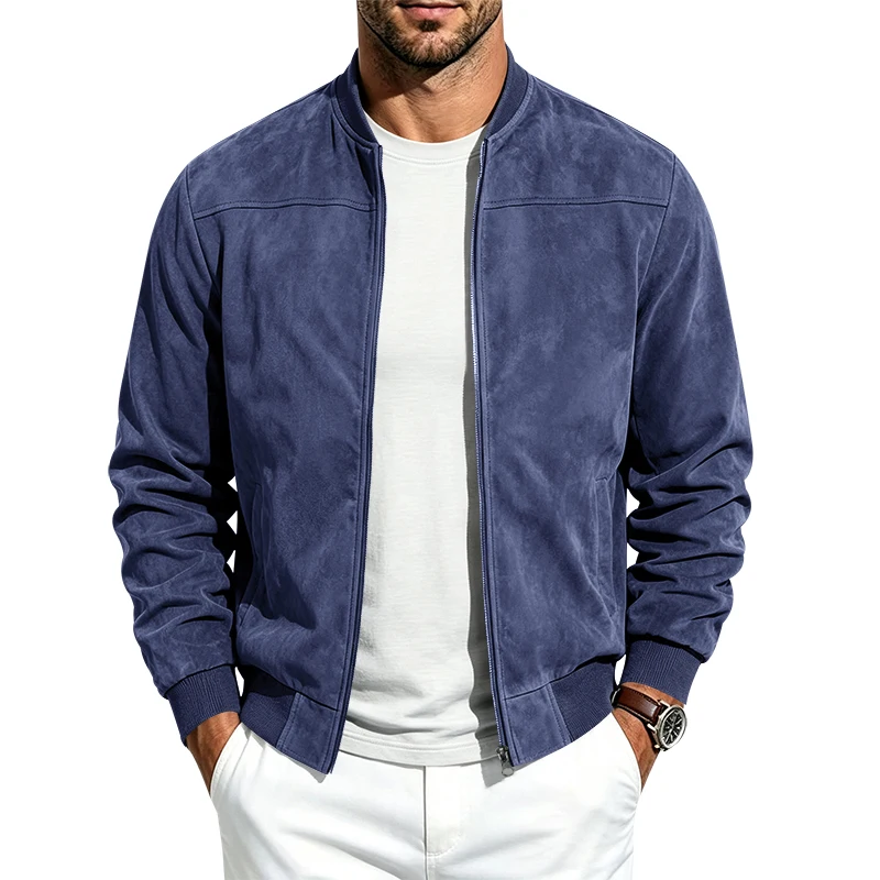 Men's One-Piece Spring and Autumn Suede-Like Flight Jacket, Crew Neck, Full Zipper, Casual Baseball Jacket, Long Sleeve Coat