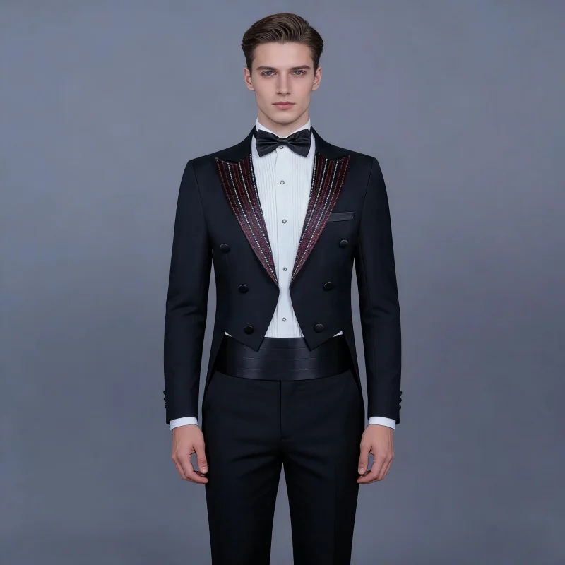 

Men's Slim Tailcoat Suit Bead Tuxedo Two-Piece Set Black White Singer Chorus Pianist Magician Host Artist Performance Clothes