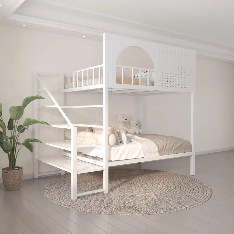 Wrought iron loft elevated bed sheet upper floor small apartment on the bed and lower table apartment space saving double bed