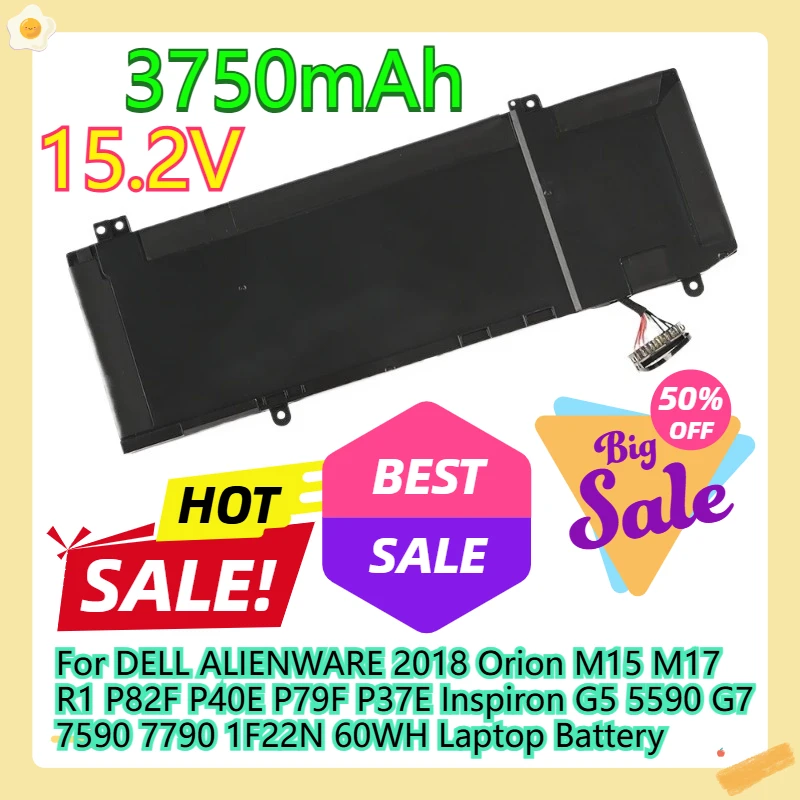 

For DELL ALIENWARE 2018 Orion M15 M17 R1 P82F P40E P79F P37E Inspiron G5 5590 G7 7590 7790 1F22N 60WH Laptop Battery