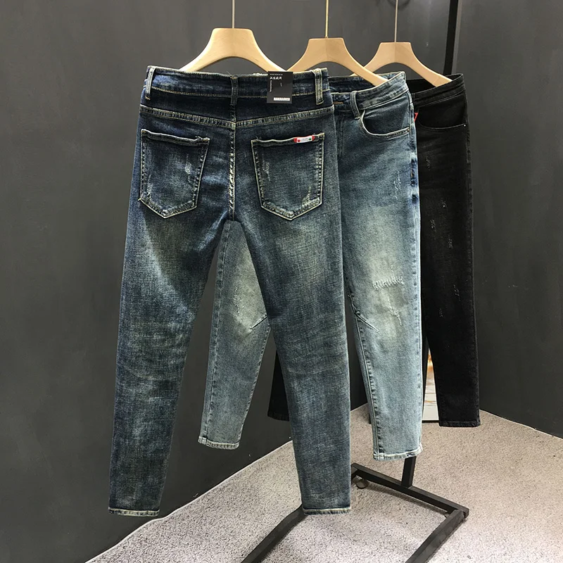 Y2k  Men Fashion Stylish Brand Denim Pants High Quality Designer Slim Fit All-match Trousers Casual Stretch Pencil Cropped Jeans