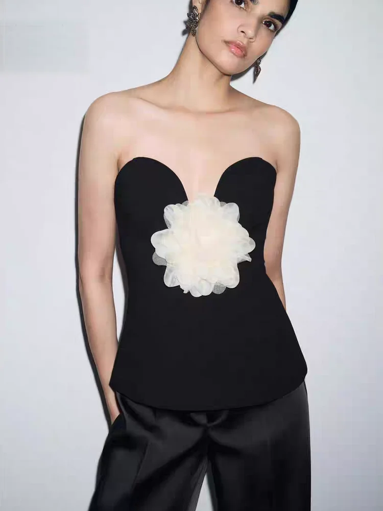 Invierno 2025 nuevo dulce Sexy Color Blo flor tubo Top mujer Faionable ropa étnica traje de escenario blusa