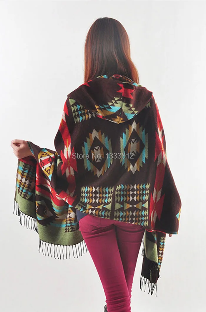 New Ladies Cape Coat Check Tartan Plaid Fringe Poncho Hoodie Hooded Bohemian Shawl Tassel Scarf Scarves Warm Wrap