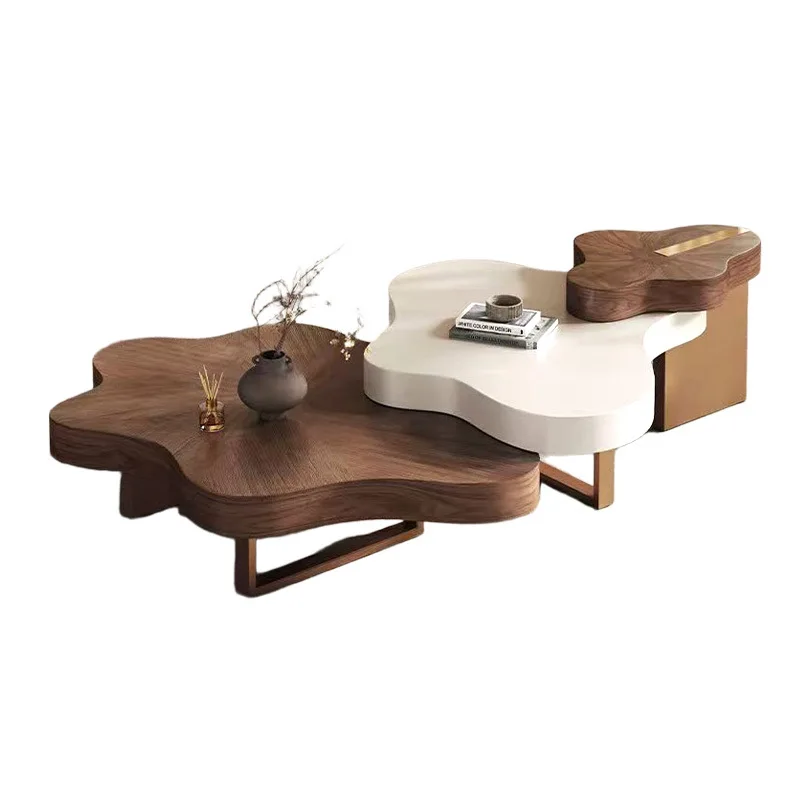 Cream retro style walnut pattern cloud coffee table modern simple French light luxury irregular solid wood combination coffee ta