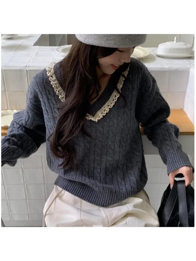 

Korean Loose Sweater Knitted Pullover Lace Pulls Patchwork Femmes Woman Clothing Tops Fall Clothes All-match Solid Color Casual
