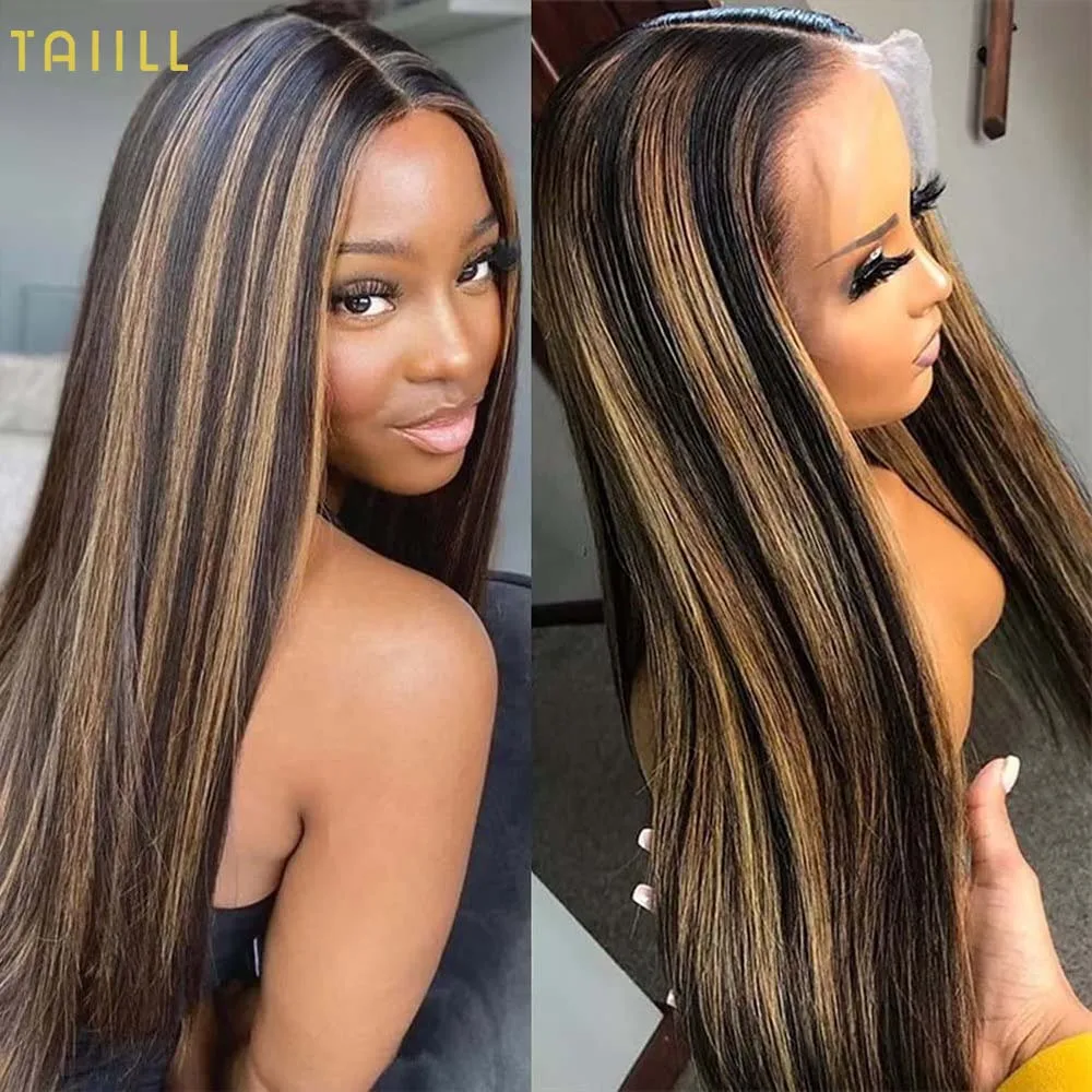 

Ombre Highlight 13x4 Straight Transparent HD Lace Front Wig Human Hair Pre Plucked With BaBy Hair1B/27 Color Taiill