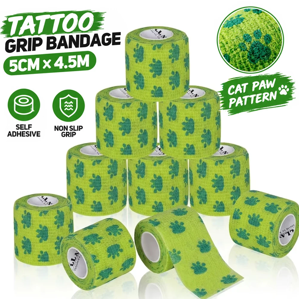 Tattoo Grip Bandage Green Cat Paw Pattern Self Adhesive Wraps 5cm x 4.5m Non Slip Handle Tape Tattoo Accessories Supplies