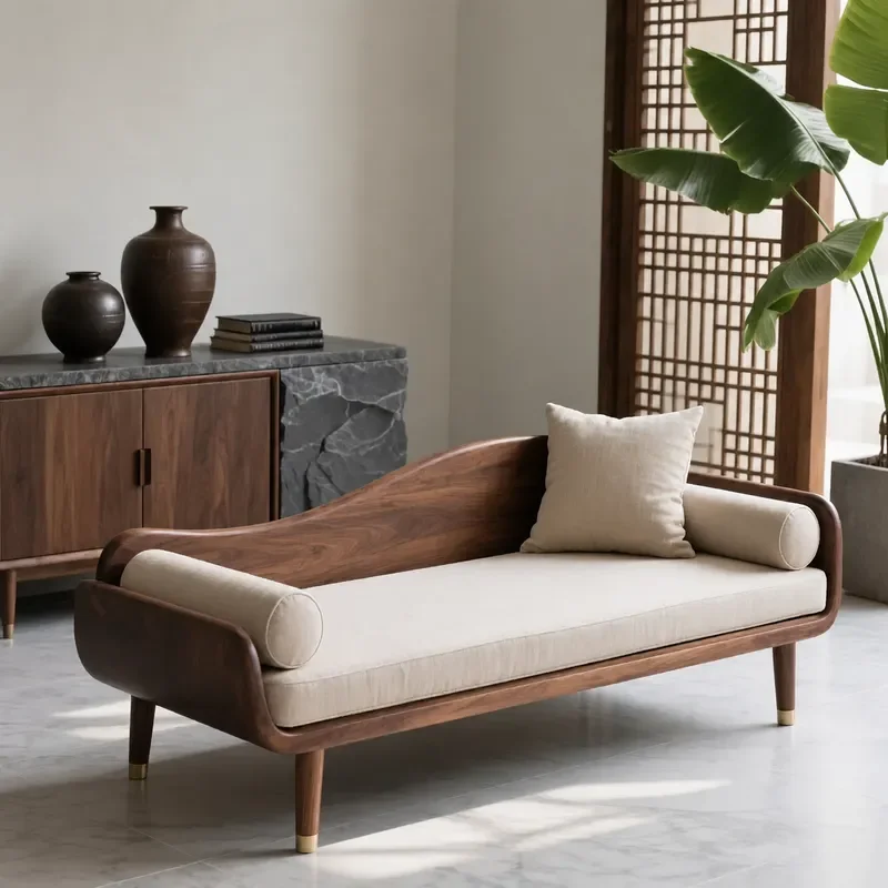 New Chinese Style Solid Wood Chaise Longue Black Walnut Single Sofa Song Aesthetic Zen Couch Creative Design