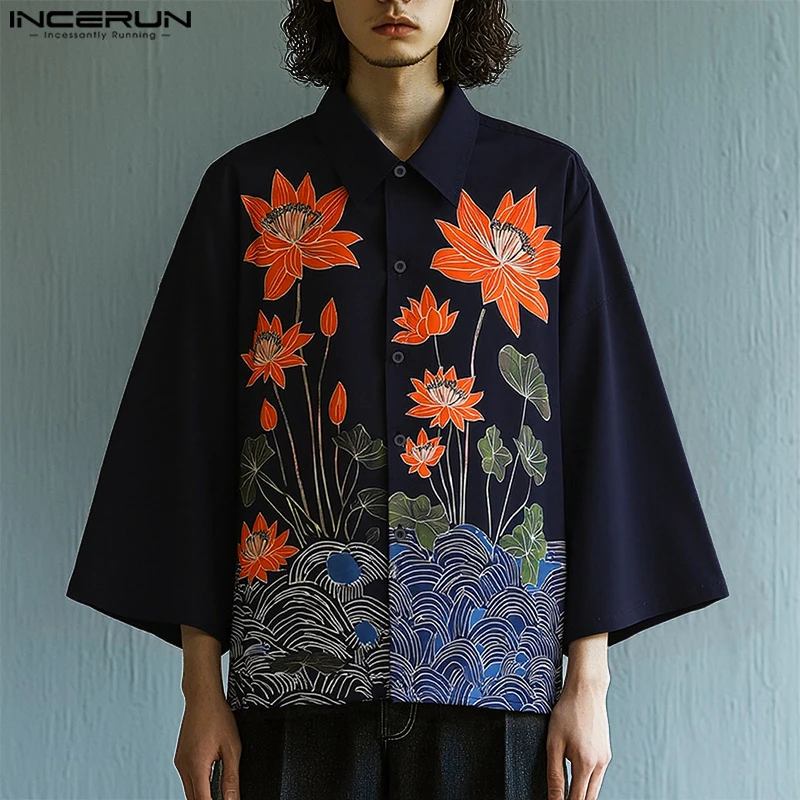 

INCERUN Мужская рубашка с цветочным принтом и лацканами, рукав 3/4, пуговицы, повседневная мужская одежда больших размеров, уличная одежда, модные мужские топы для отдыха 2023 г.