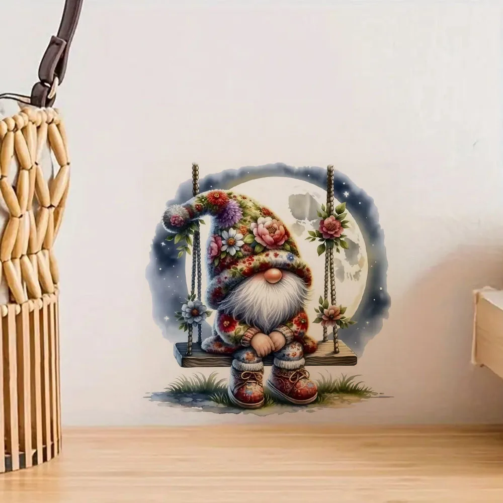 Gnome on Swing Under Moon Vinyl Stickers, Bright Wall for Home, Cabinet, Door,Refrigerator Decoration, Vinyl Car Decals