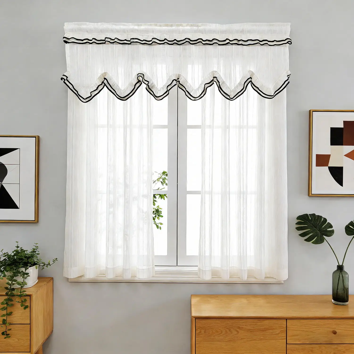 Striped Faux Linen Sheer Short Curtains Valance Tier Ruffled Window Drape for Living Room, Kitchen, Sliding Door Valance Curtain