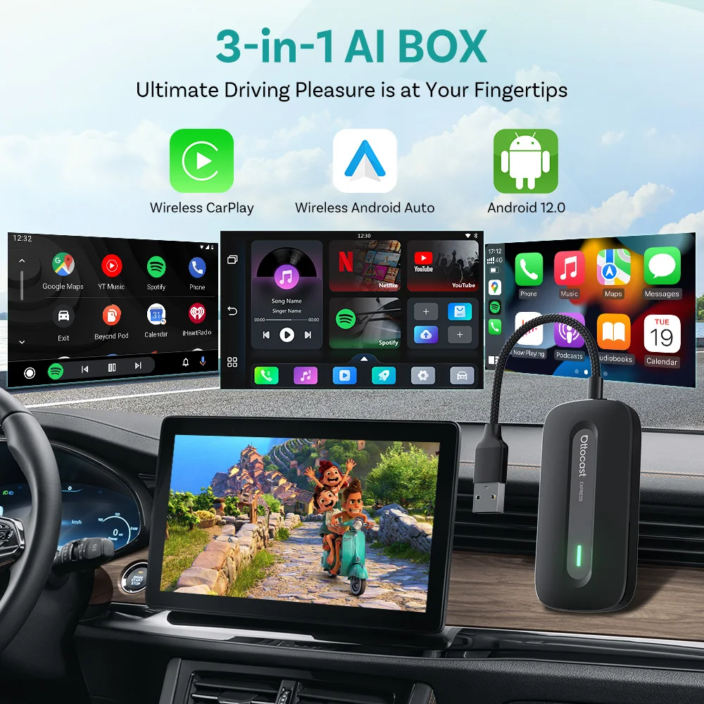 Ottocast Play2Video Express Android 12 AI Box Wireless CarPlay Android Auto Netflix YouTube Video Streaming Adapter For Audi Kia