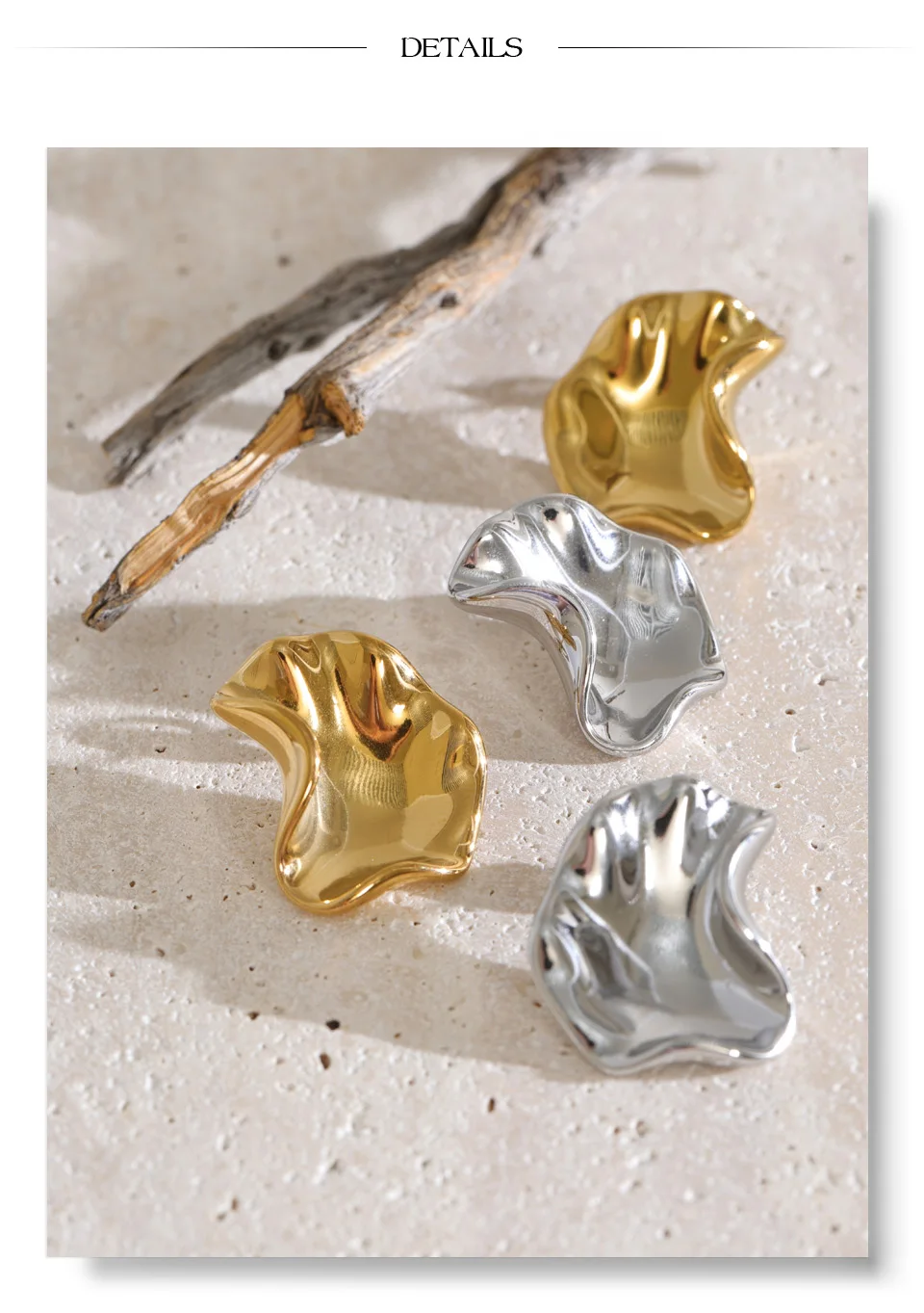Yhpup Edelstahl-Ohrstecker, skulpturale Welle, glänzende Metalltextur, personalisierter, lässiger, minimalistischer Schmuck – Detail 9
