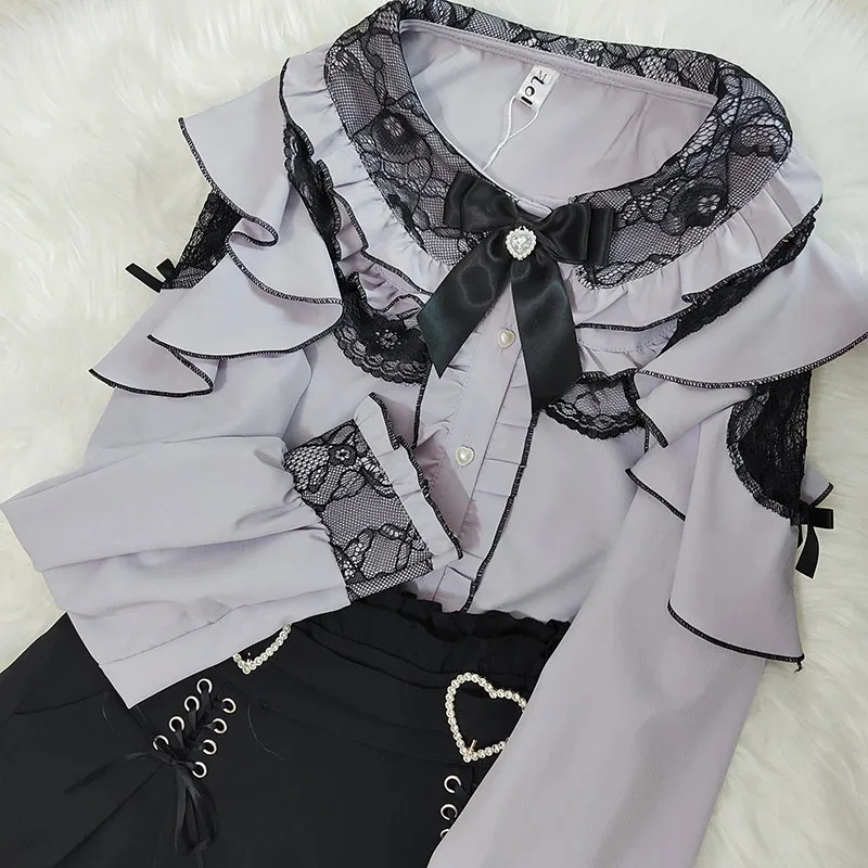 

Kawaii Women Shirts Jirai Kei Lolita Y2K Cute Japanese Style Blouse Elegant Long Sleeve Sweet Tops Casual Aesthetic Shirt 2024