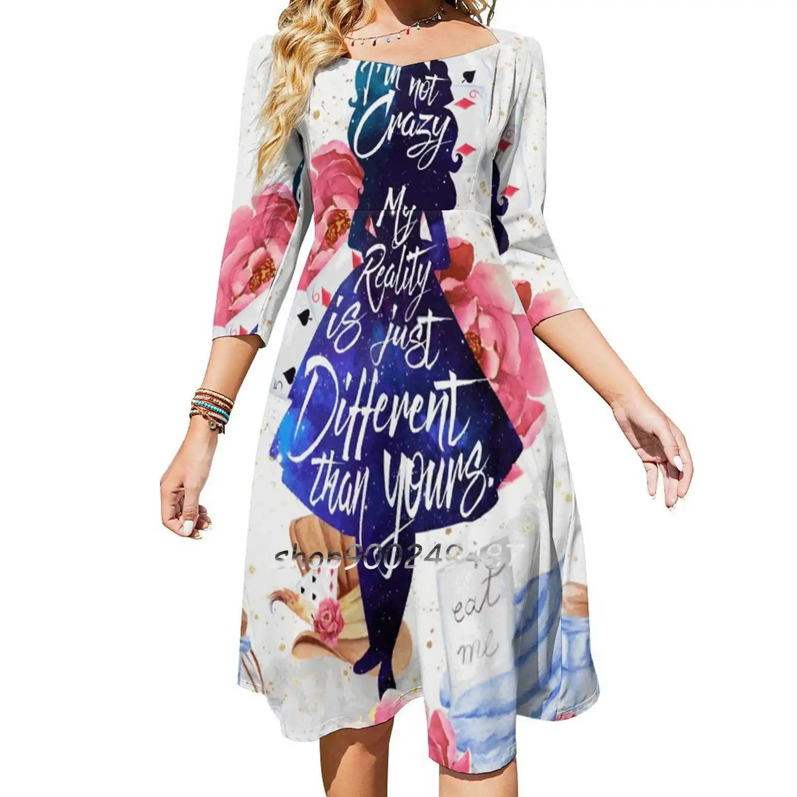 Alice-I'M Not Crazy Square Neck Dress Sweet Summer Dress Women Multiple styles Print Dress Alice In Alice Quote Book