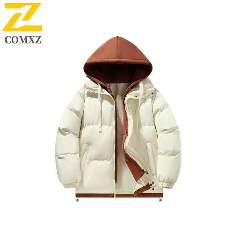 

COMXZ 2025 Мужская и женская хлопковая куртка с цветными блоками из двух предметов с капюшоном, осенне-зимняя повседневная толстая теплая легкая куртка