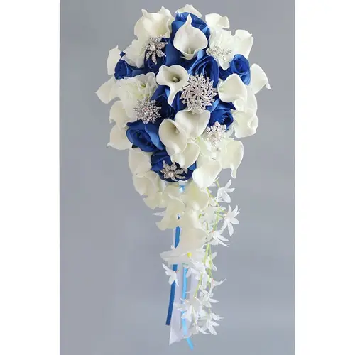 AYiCuthia-러블리한 화이트 신부 부케, 신부 브로치 부케 진주 모조 다이아몬드와 브로치가 있는 인공 웨딩 부케 