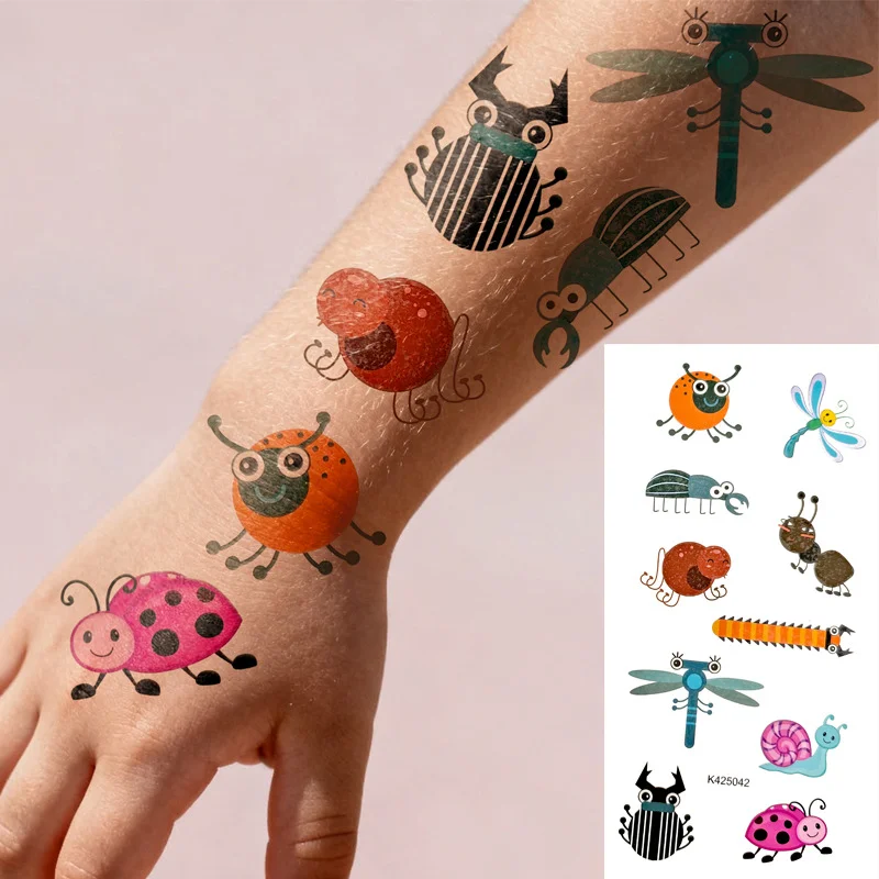 

Детские временные татуировки-наклейки с мультяшными насекомыми, флуоресцентные, безопасные, водонепроницаемые, долговечные, легко наносятся и удаляются