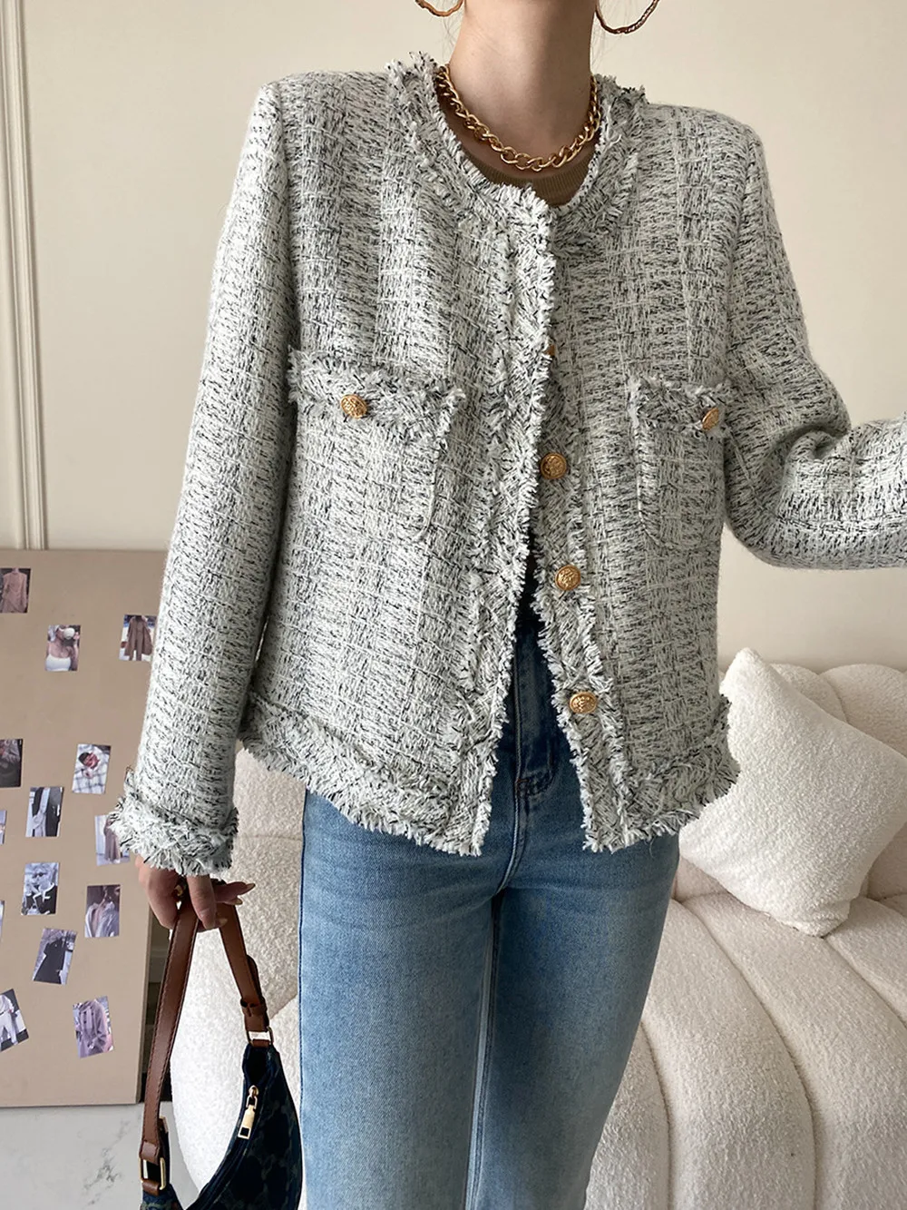 

Осень 2024, женское пальто, твидовая куртка, пиджак с кисточками, клетчатая уличная одежда, офисная женская одежда, пальто, корейское шикарное зимнее пальто, женское