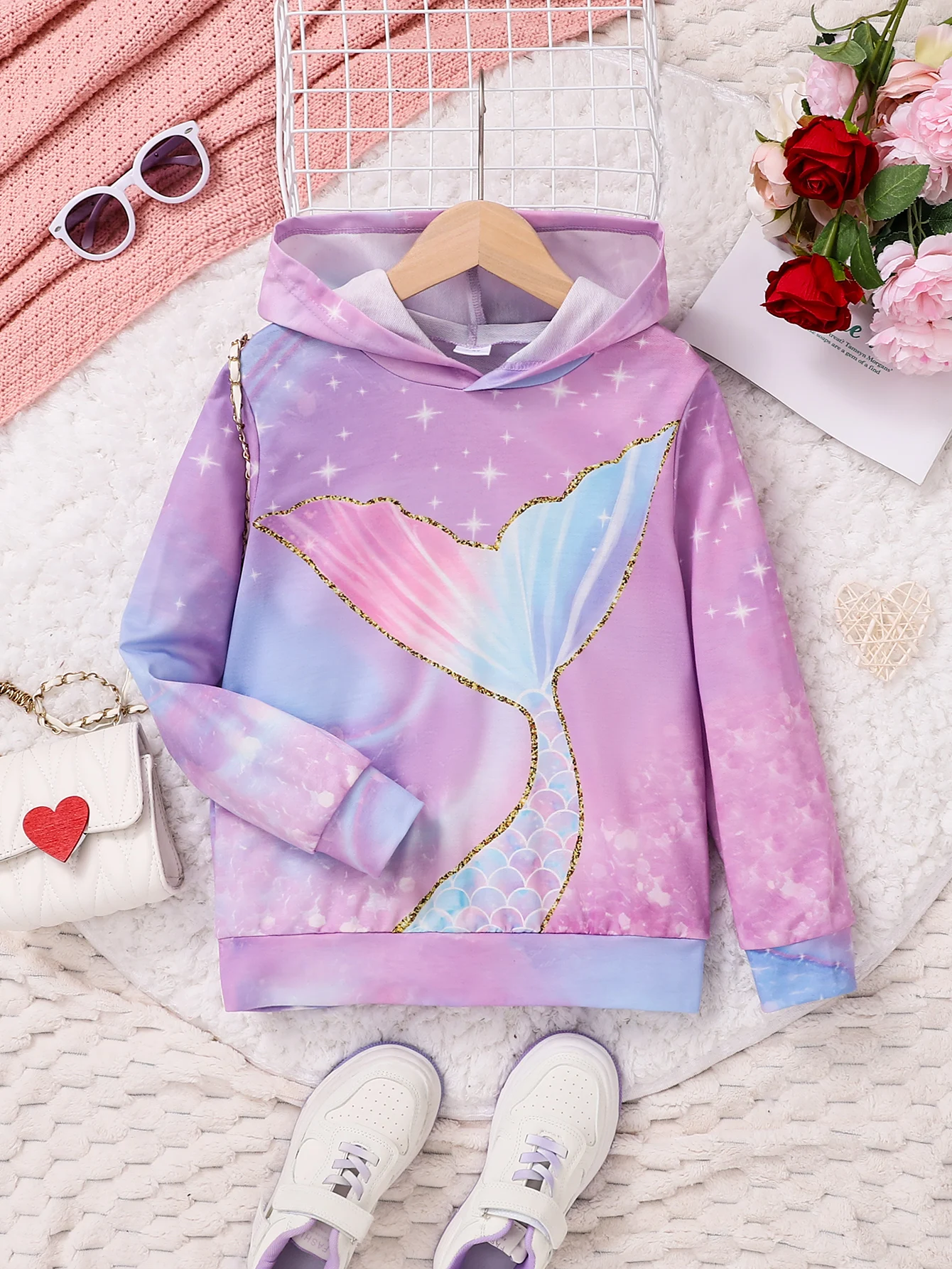 Dreamy Mermaid Gradient Hoodie Girls Starry Sky Shiny Gold Print Hoodie Soft Cotton Kids Fashion Casual Wear