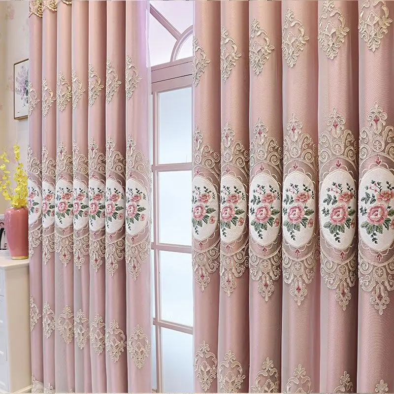

European Luxury Pink Floral Embroidered Double Layer Curtain Lace Sheer + Blackout Curtain for Living Room Bedroom