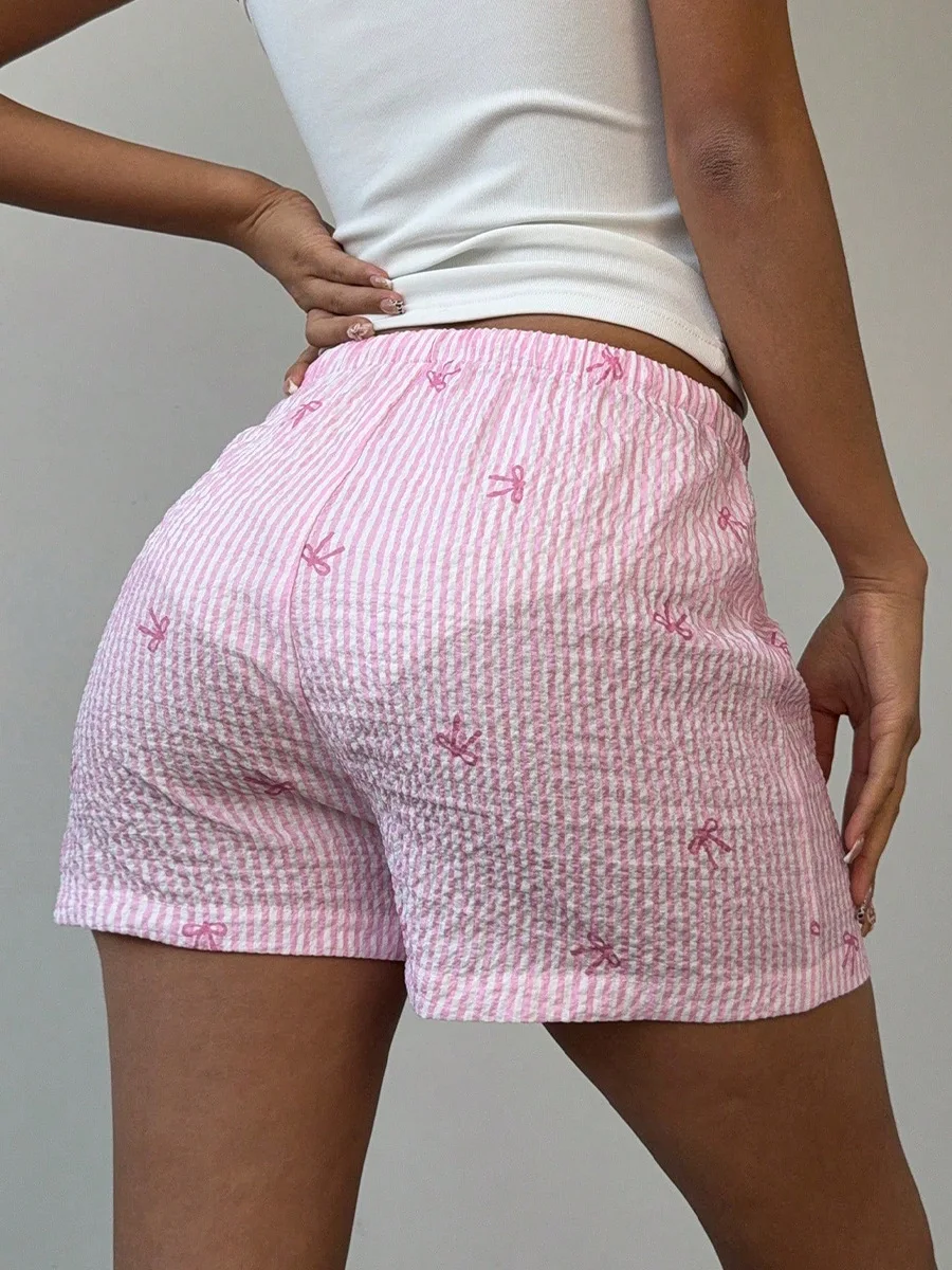 

Summer 2025 Vacation Style Beach Pants Wide Leg Women's Hot Pants Casual Loose High Waisted Bow Striped Printed Lace Up Shorts