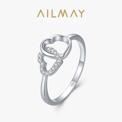 Ailmay Simple 925 Sterling Silver Sweet Heart to Heart Ring For Women Fine Wedding Fashion Jewelry