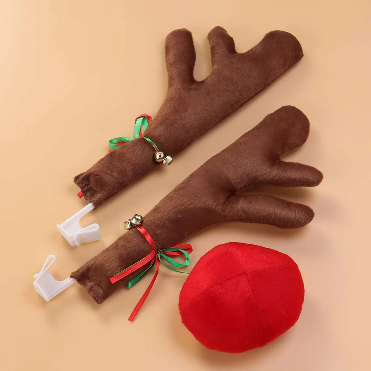

Car Reindeer Antlers Nose Christmas Decoration Set Brown Premium Fabric Easy Install Car Decorations for Christmas Road Fun