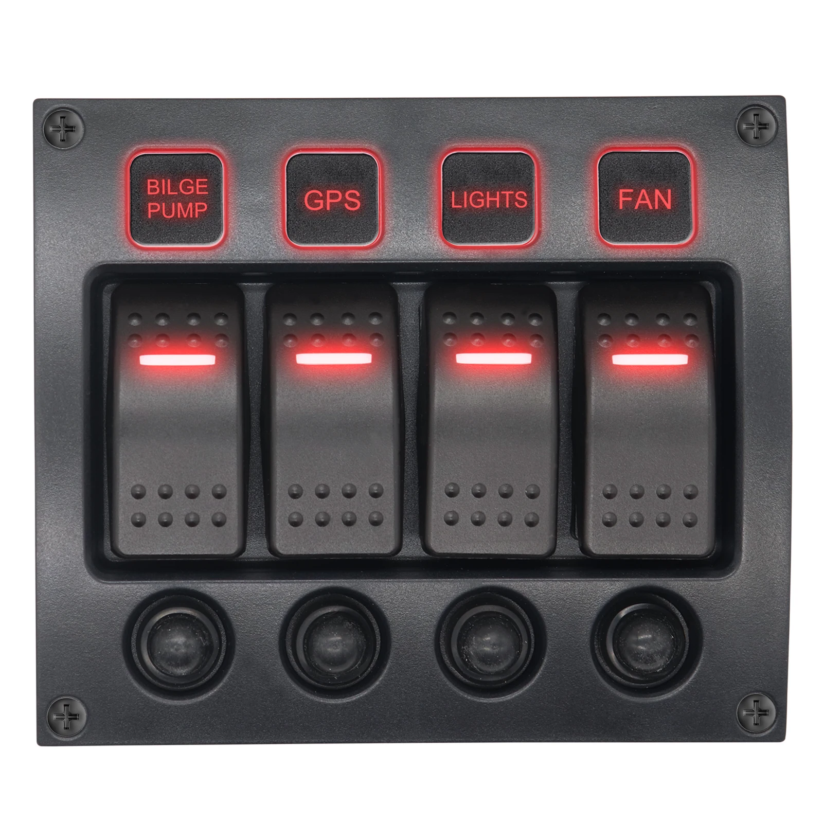 4/6Gang Marine Control Waterproof Switch Panel 12/24V with Circuit Breaker Overload Protection and Red LED Light for Car RV Boat