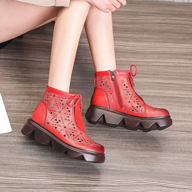 Round Head Leather Women's Shoes With Sloping Heel And Thick Soles