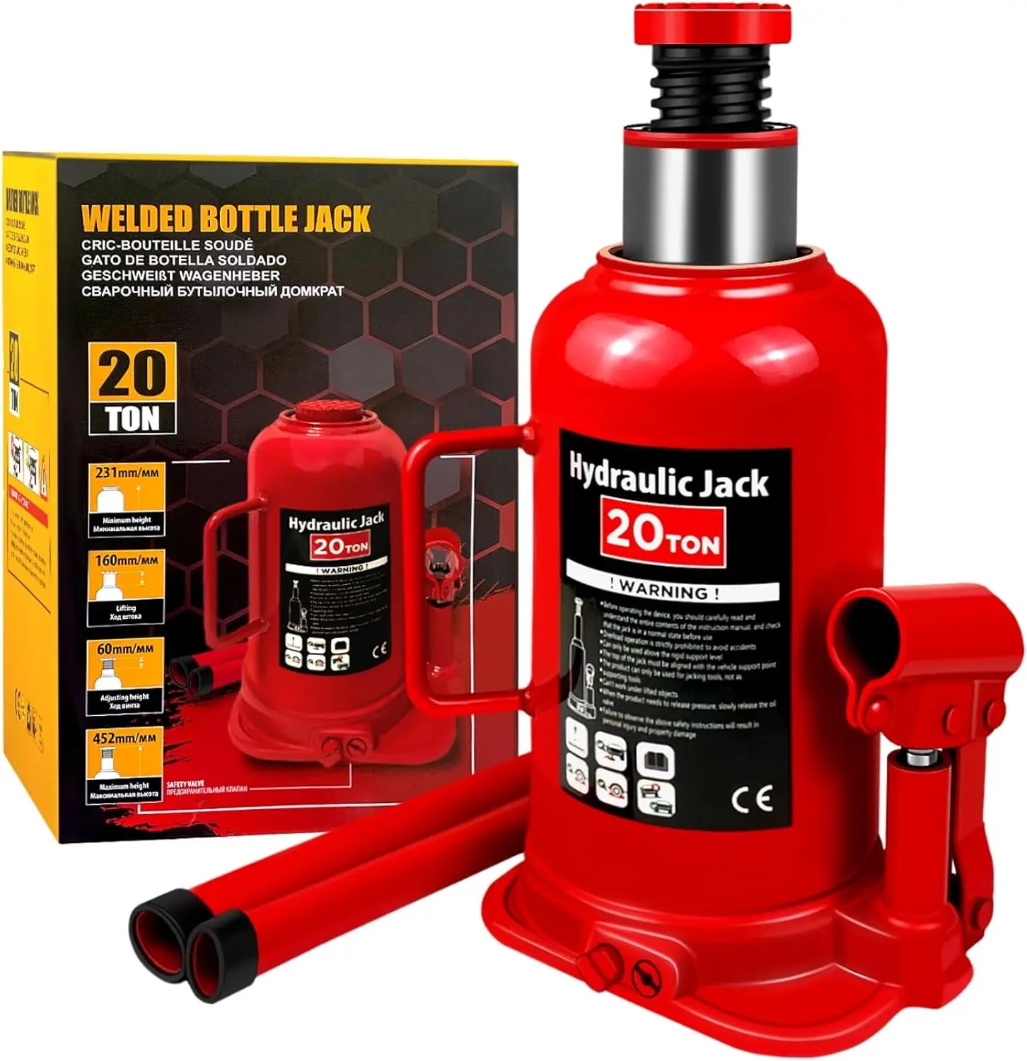 

20-тонный гидравлический домкрат для бутылок с цветной коробкой, диапазон подъема 9,2-17,9 дюймов для ремонта автомобилей, грузовиков, пикапов на колесах