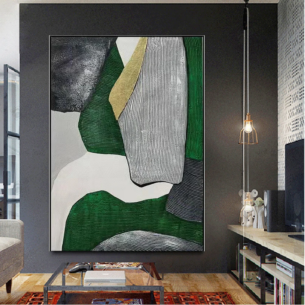 

Abstract Light Scraper Lines Golden Green Textured Wall Art Paint Landscape On Canavs Handmade Oil Painting Decor Living Room