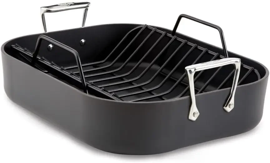 

Hard Anodized Nonstick Roaster and Nonstick Rack 13x16 Inch Oven Broiler Safe 500F Roaster Pan, Pots and Pans, Cookware Black