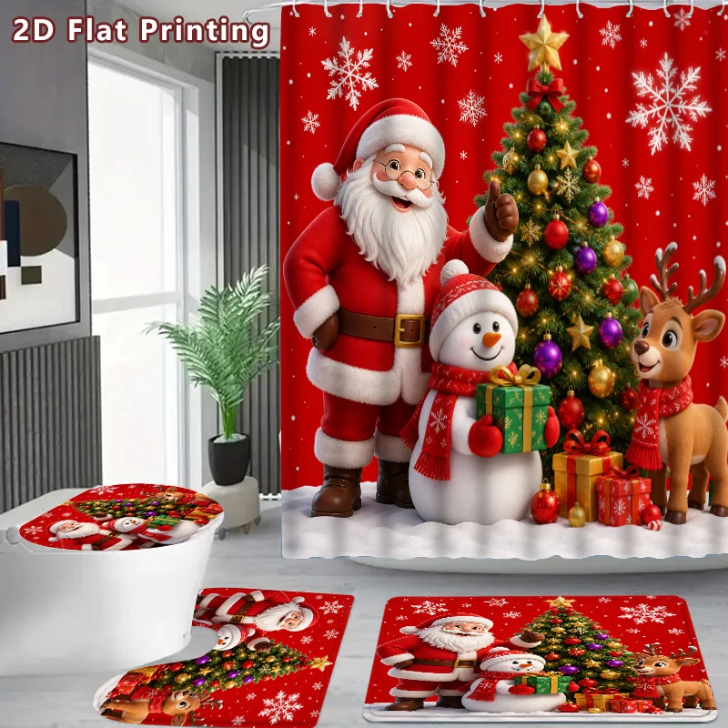 4pc 2D Flat Christmas Shower Curtain Set, Xmas Characters Print, 3Pcs Matching Mats, Home Bathroom Decor, 12 Hooks Included