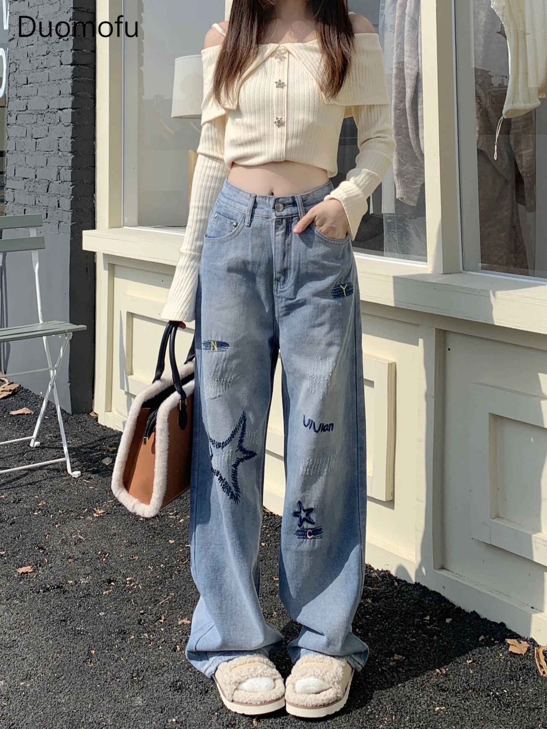 Duomofu Light Blue Basic High Waist Slim Straight Women Jeans Autumn New Fashion Star Embroidery Simple Casual Loose Female Pant