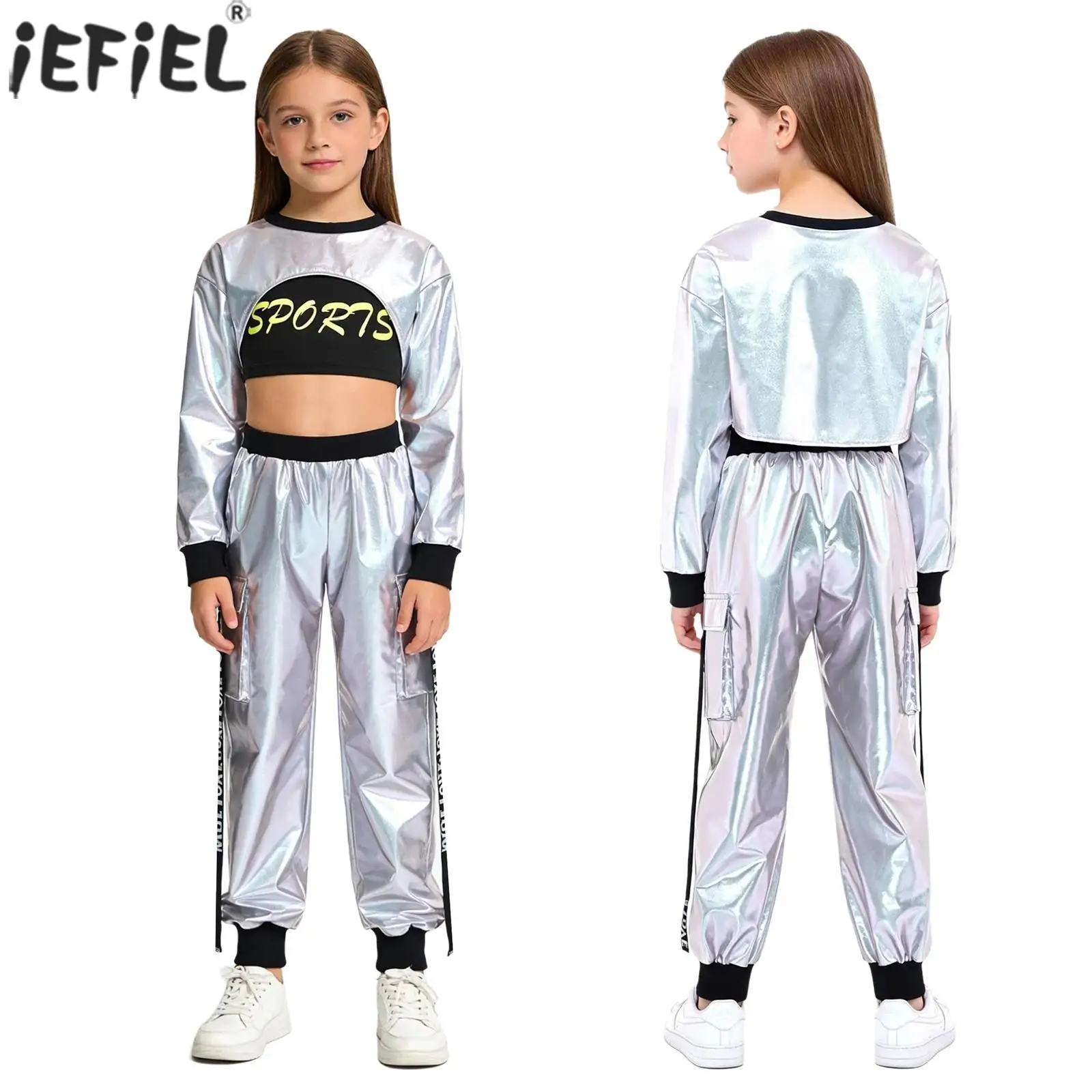 Kids Girls Hip Hop Dance Outfits Metallic Glossy Pullover Top with Sport Tank Top Pants for Modern Jazz Street Dance Performance