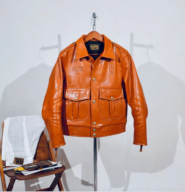 Chaqueta de Cuero Vintage de la Patrulla de Carreteras de California para Hombre, Cuero de Caballo Encerado y Curtido Vegetalmente, Multibolsillos, Estilo Retro Americano