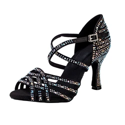 Latin dance shoes, black adult dance shoes, women's diamond inlaid 7.5cm