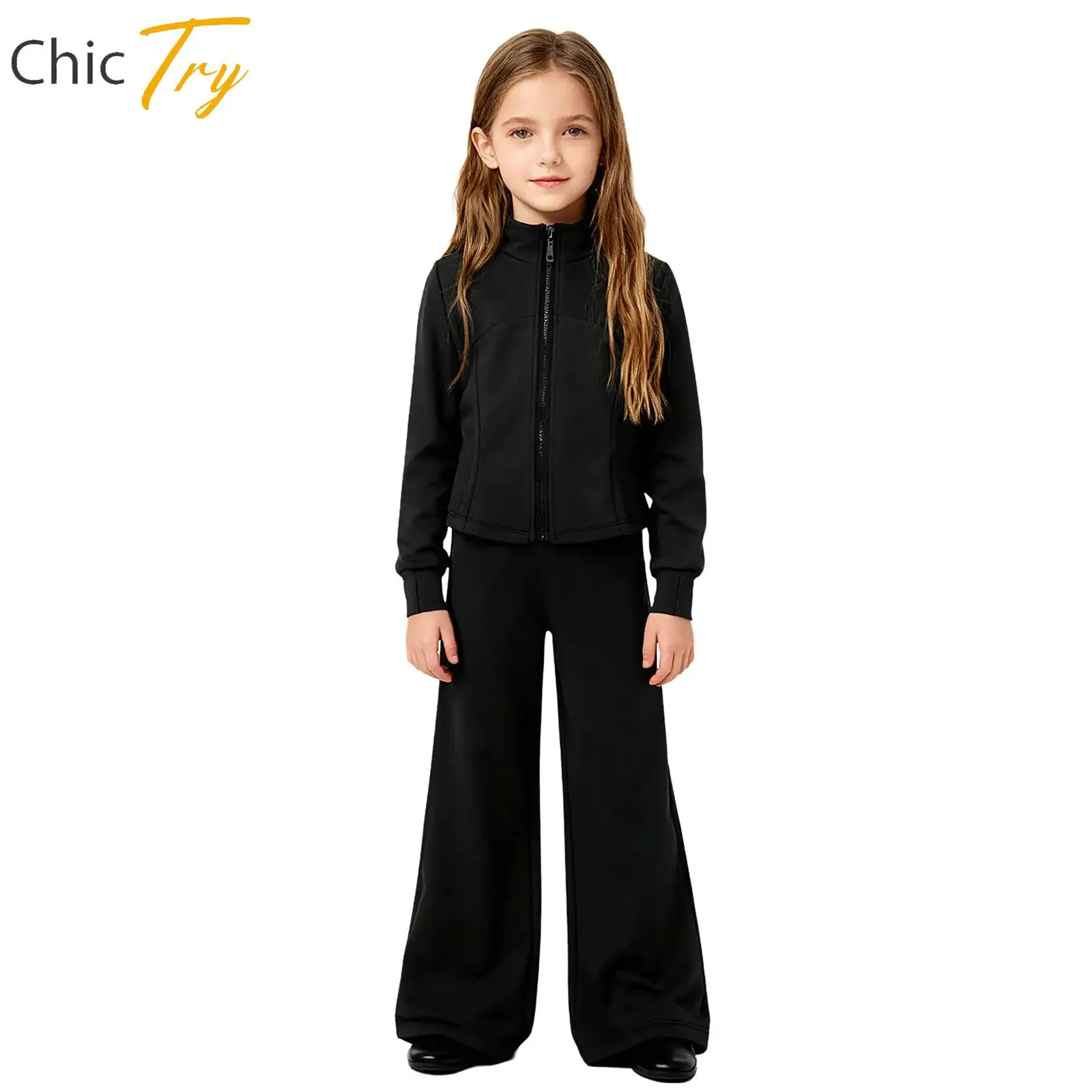 

Girls Lyrical Modern Dance Outfit Practice Performance Wear Long Sleeves Thumbholes Jacket Pants Suit for Sports Workout Running
