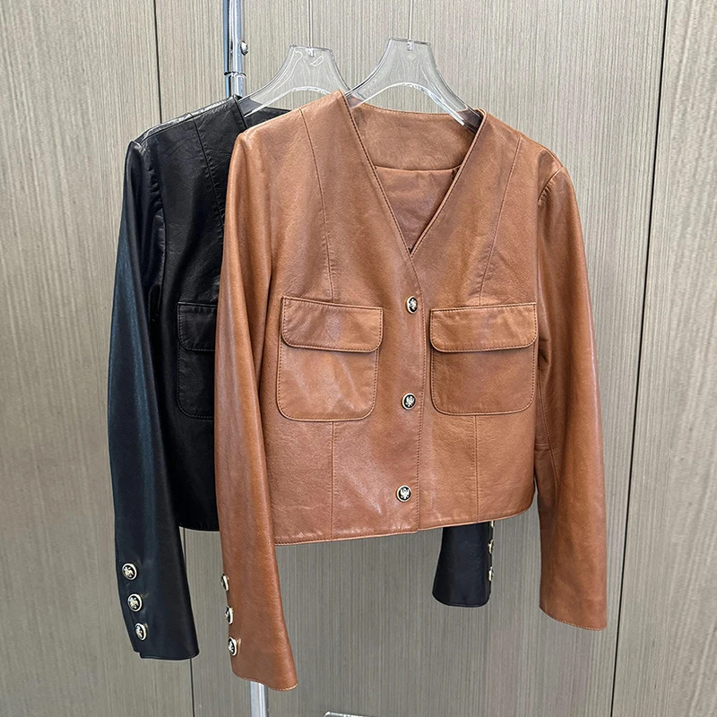 Giacca di lusso in vera pelle cerata di pelle di pecora di livello A per le donne Giacche casual in vera pelle da donna monopetto con scollo a V chic
