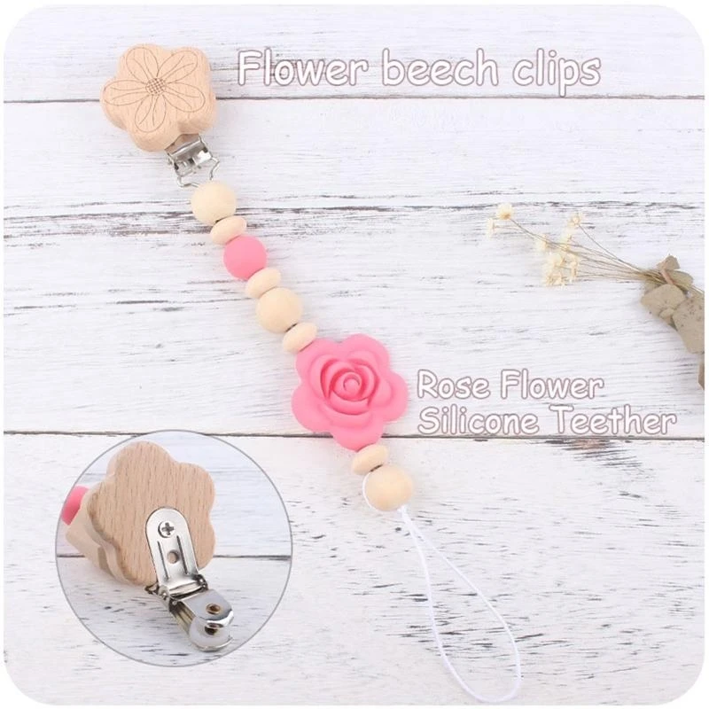 J15U روز زهرة الطفل عربة قلادة حشرجة هوة سلسلة كليب الخرز الخشبي سوار #4