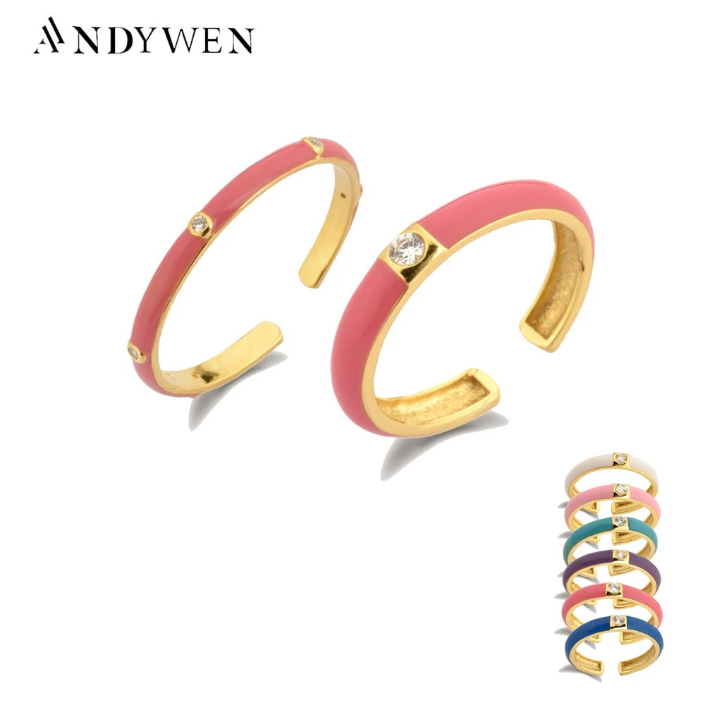 

ANDYWEN 100% 925 Sterling Silver Enamel Pink Purple Ring Fashion Jewels One Zircon CZ Jewelry New 2020 Rock Punk White Jewels
