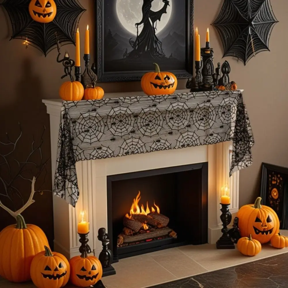Black Color Halloween Table Runner Long Length Gothic Style Black Lace Table Runner Lace Material Hollow Out Table Runner